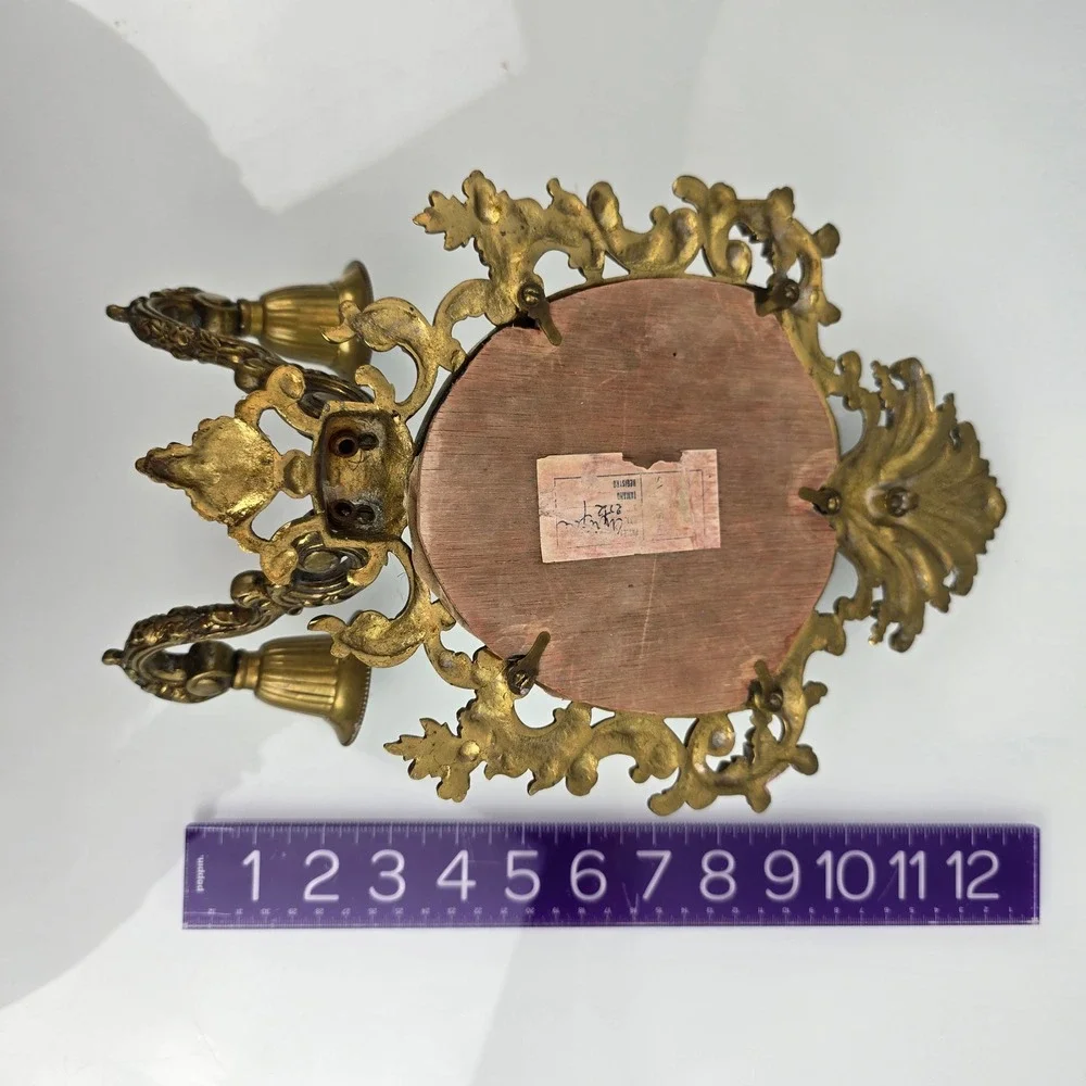 Vintage Brass Rococo Shield Mirror Wall Sconce Ornate Hollywood Regency Gilt